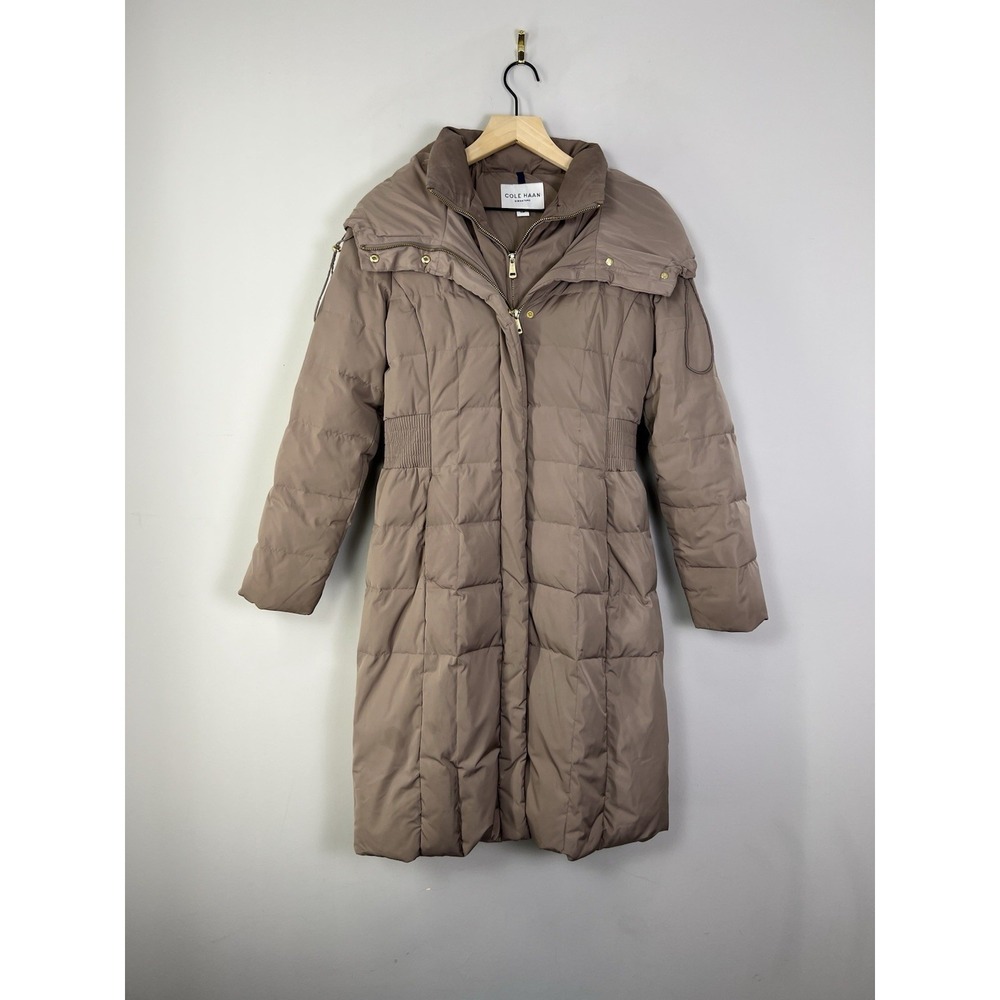 Cole‎ Haan Signature Down Puffer Coat Small Taupe Hooded Long Jacket